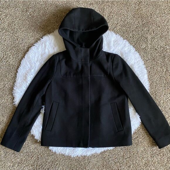 J. Crew Melton Wool Coat Black Hooded Zip Front Womens Size 4P - Picture 1 of 10